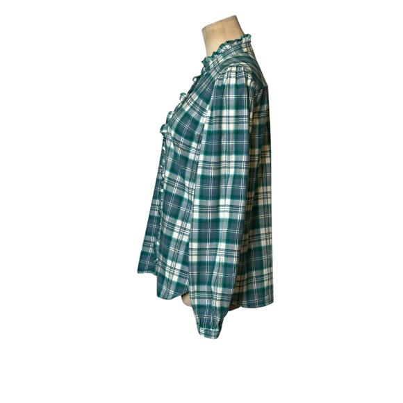 Loft green white plaid long sleeves ruffle button shirt size Small - Picture 9 of 16